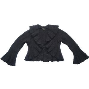 Y2k Bebe Cropped Ruffle Flared Textured Knit Cardigan Sz M Black Whimsigoth Vamp